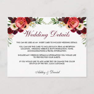 Floral Burgundy Boho Wedding Details Insert Card