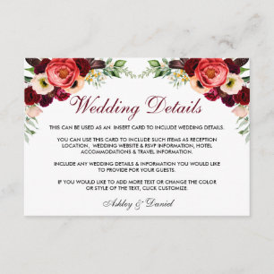 Floral Burgundy Boho Wedding Details Insert Card B