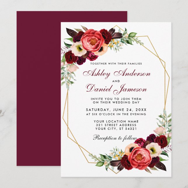Floral Burgundy Boho Wedding Gold Frame B Invitation (Front/Back)