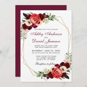 Floral Burgundy Boho Wedding Gold Frame B Invitation