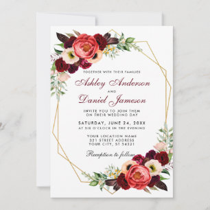 Floral Burgundy Boho Wedding Gold Frame W Invitation