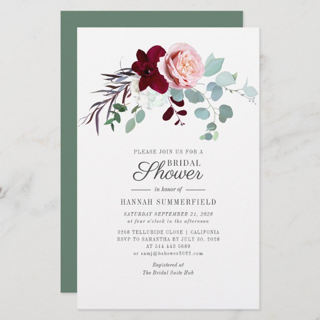 Floral Burgundy Botanical Bridal Shower Invitation Stationery (Front/Back)