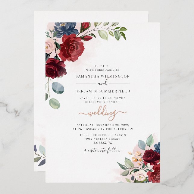 Floral Burgundy Botanical Script Wedding Rose Gold (Front/Back)
