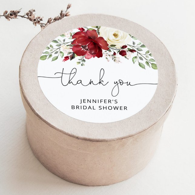Floral burgundy bridal shower  classic round sticker (Creator Uploaded)