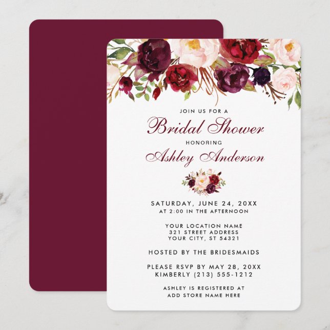 Floral Burgundy Bridal Shower Invitation R (Front/Back)