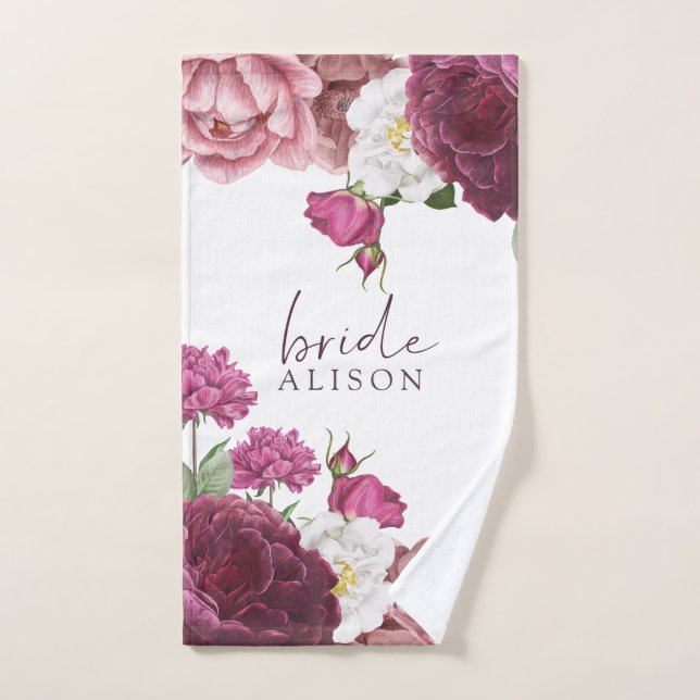 Floral Burgundy Bride Personalised Hand Towel (Hand Towel)