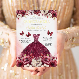 Floral Burgundy Butterfly Princess Quinceanera