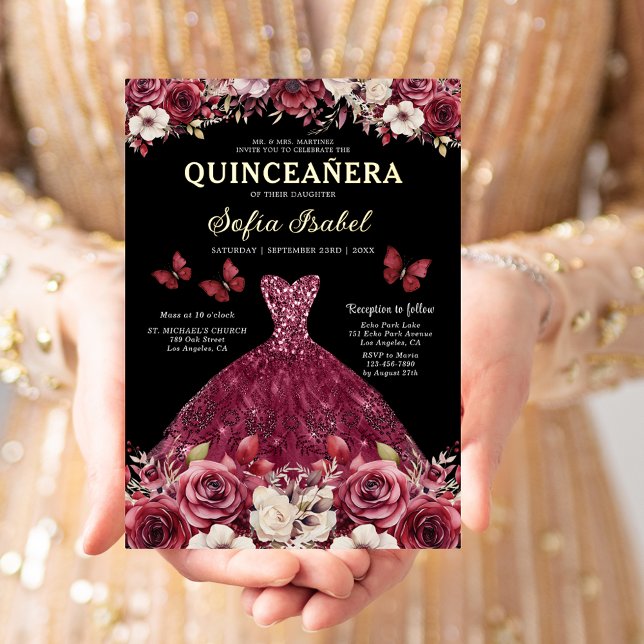 Floral Burgundy Butterfly Princess Quinceanera (Creator Uploaded)