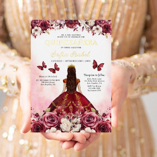 Floral Burgundy Butterfly Princess Quinceanera