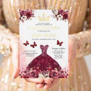 Floral Burgundy Butterfly Princess Quinceanera