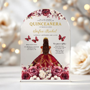 Floral Burgundy Butterfly Princess Quinceanera Acrylic Invitations
