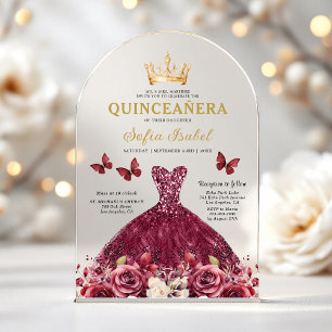Floral Burgundy Butterfly Princess Quinceanera Acrylic Invitations