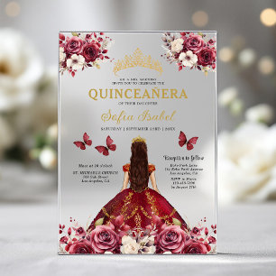 Floral Burgundy Butterfly Princess Quinceanera Acrylic Invitations