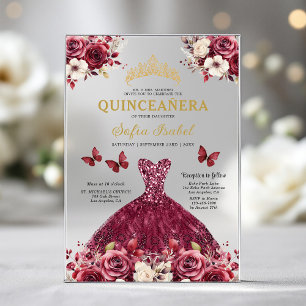 Floral Burgundy Butterfly Princess Quinceanera Acrylic Invitations