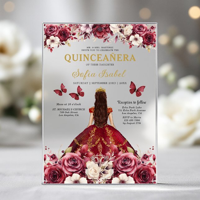 Floral Burgundy Butterfly Princess Quinceanera Acrylic Invitations (Creator Uploaded)