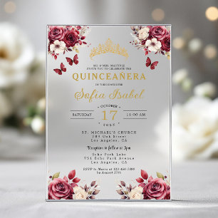Floral Burgundy Butterfly Princess Quinceanera Acrylic Invitations
