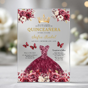 Floral Burgundy Butterfly Princess Quinceanera Acrylic Invitations