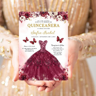 Floral Burgundy Butterfly Princess Quinceanera Invitation
