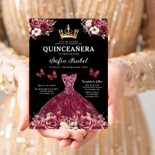 Floral Burgundy Butterfly Princess Quinceanera Invitation