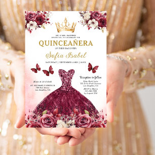 Floral Burgundy Butterfly Princess Quinceanera Invitation