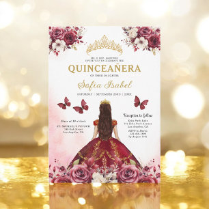 Floral Burgundy Butterfly Princess Quinceanera Invitation