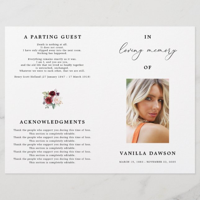 Floral Burgundy Celebration Of Life Program (Front)