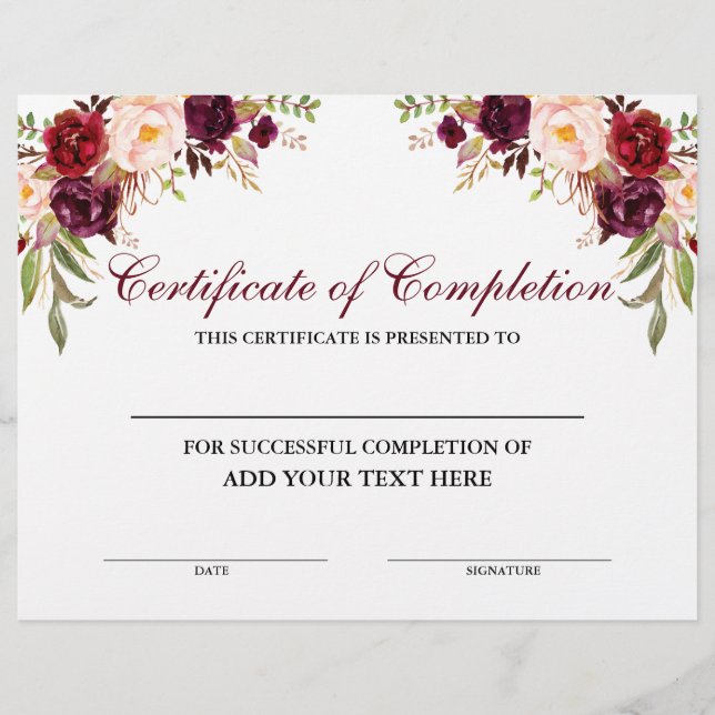 Floral Burgundy Certificate of Completion (Front)