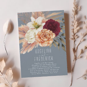 Floral Burgundy Dusty Blue Wedding Invitation