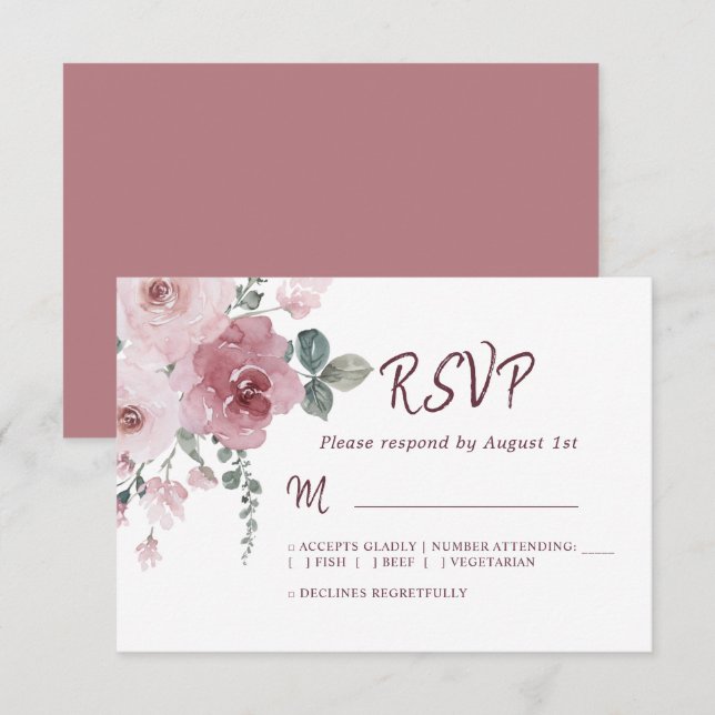 Floral Burgundy Dusty Pink Rose Wedding RSVP  Card (Front/Back)