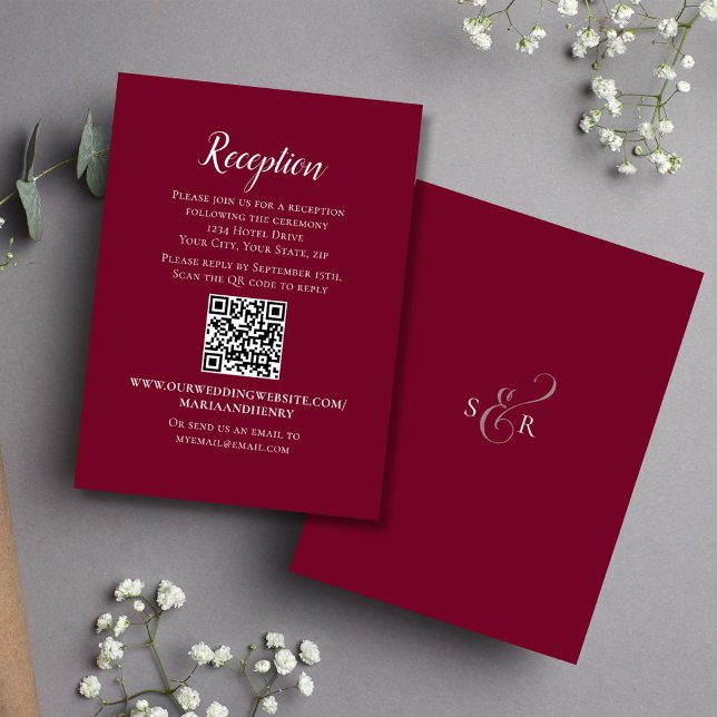 Floral Burgundy Elegant Wedding Reception RSVP Enclosure Card (Burgundy solid colored reception card.)