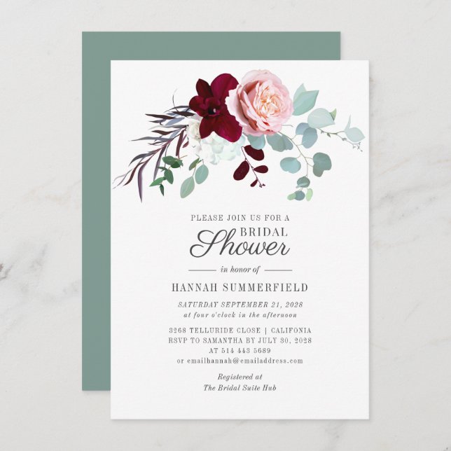 Floral Burgundy Eucalyptus Foliage Bridal Shower Invitation (Front/Back)