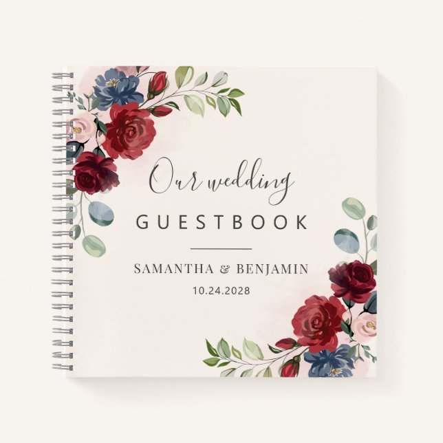 Floral Burgundy Fall Wedding Reception Guest Book (Front)