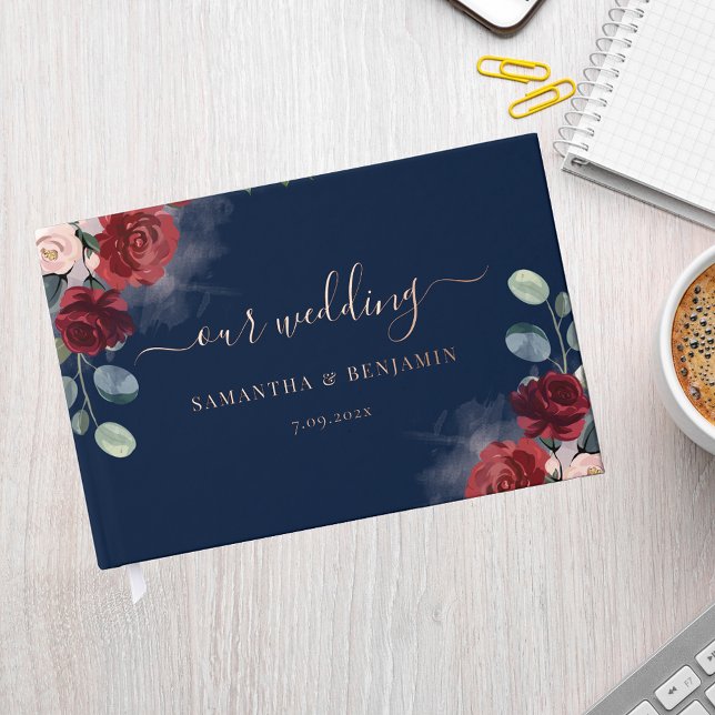 Floral Burgundy Fall Wedding Rose Gold Foil Guest Book (Burgundy Floral Watercolor Gold Foil Wedding Guest Book)