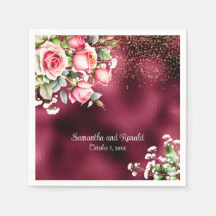 Floral Burgundy Foil and Gold Glitter Wedding Napkin