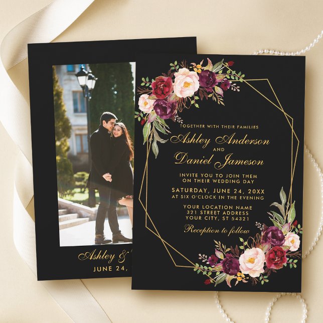 Floral Burgundy Geometric Black Gold Photo Wedding Invitation (Customize to change text size or style.)