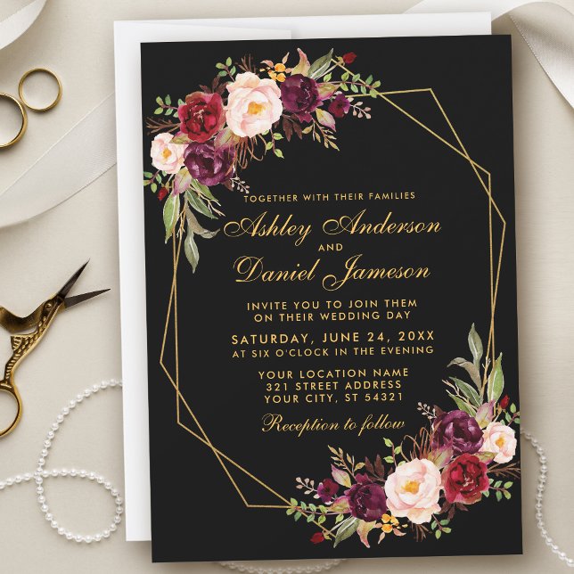 Floral Burgundy Geometric Black Gold Wedding Invitation (Creator Uploaded)