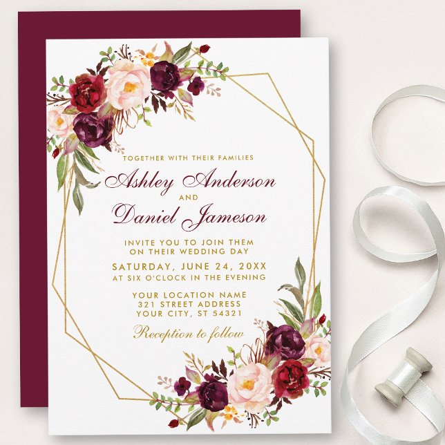 Floral Burgundy Geometric Gold Frame Wedding Invitation (Customize to change text color, style, add text & photos to back or change color of back of card.)