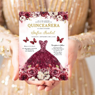 Floral Burgundy Gold Bilingual Spanish Quinceanera Invitation