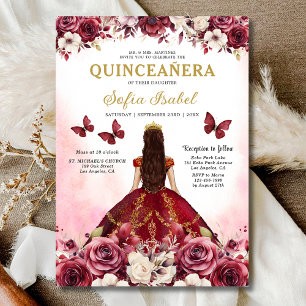 Floral Burgundy Gold Bilingual Spanish Quinceanera Invitation