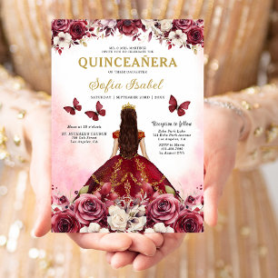 Floral Burgundy Gold Bilingual Spanish Quinceanera Invitation
