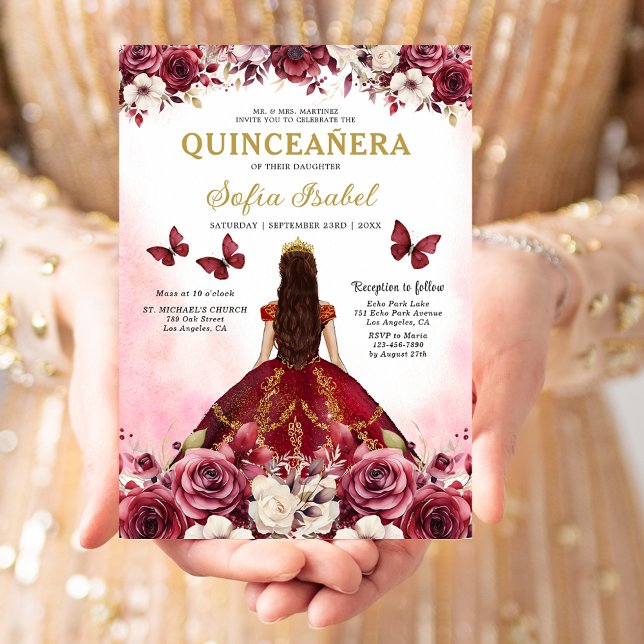 Floral Burgundy Gold Bilingual Spanish Quinceanera Invitation (Creator Uploaded)