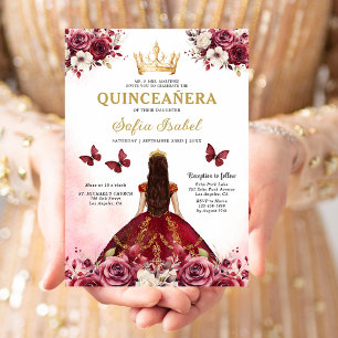 Floral Burgundy Gold Bilingual Spanish Quinceanera Invitation