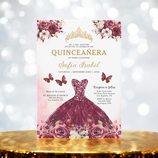 Floral Burgundy Gold Bilingual Spanish Quinceanera Invitation (Creator Uploaded)
