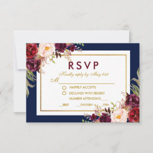 Floral Burgundy Gold Blue Wedding RSVP Card