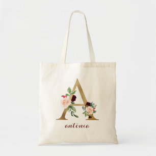 Floral Burgundy Gold Blush Personalised Letter "A" Tote Bag