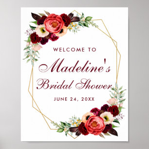 Floral Burgundy Gold Boho Bridal Shower Welcome Poster