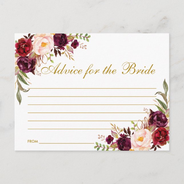 Floral Burgundy Gold Bridal Shower Advice Card L (Front)