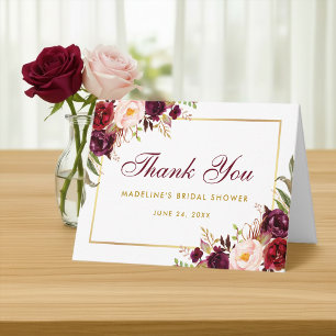 Floral Burgundy Gold Bridal Shower Thanks B Note Thank You Card