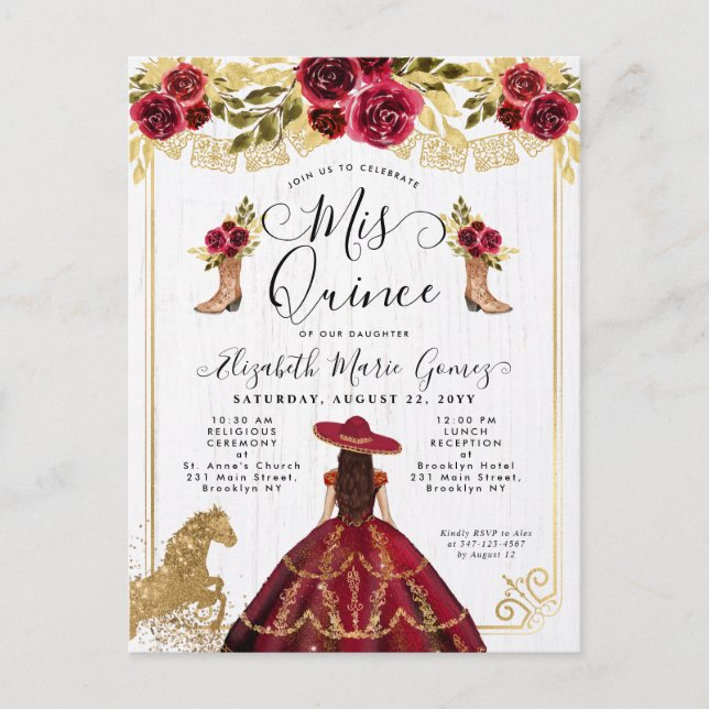 Floral Burgundy Gold Charra Princess Quinceanera Invitation Postcard (Front)