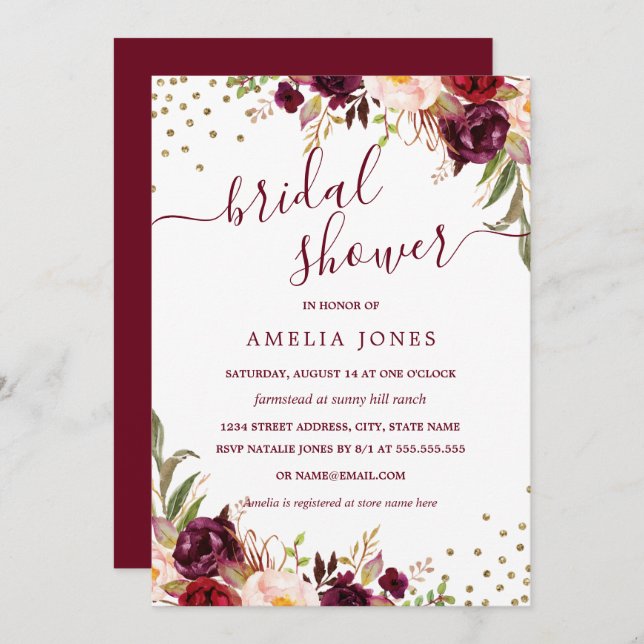 Floral Burgundy Gold Confetti Bridal Shower Invitation (Front/Back)